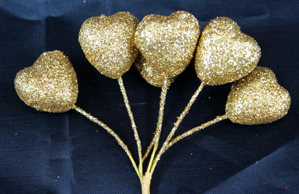 6 Small Gold Glittering Hearts on Stems
