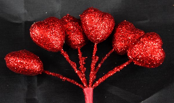 6 Small Red Glittering Hearts on Stems