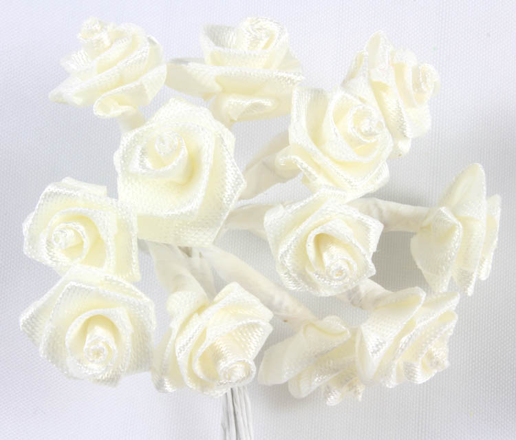 12 Satin Ribbon Roses Cream on White Stems