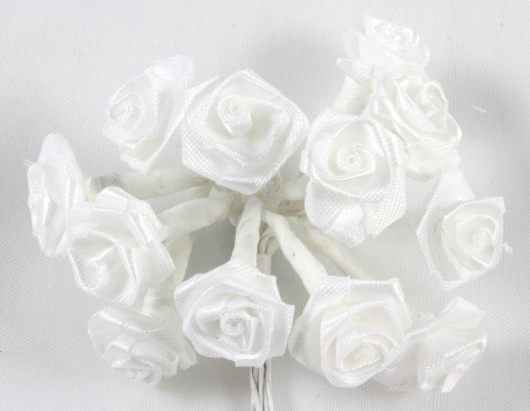 12 Satin Ribbon Roses White on White Stems
