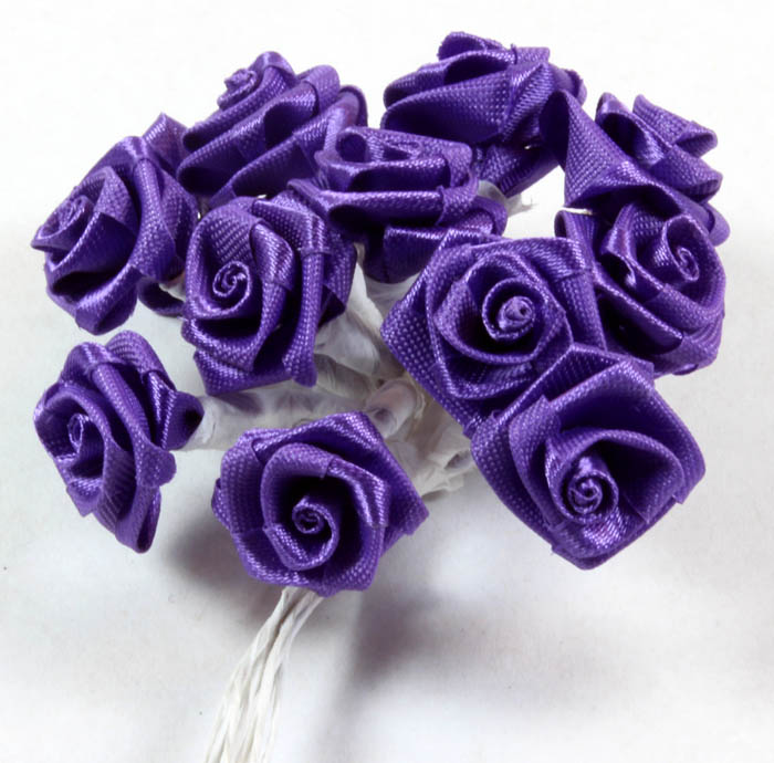 12 Satin Ribbon Roses Purple on White Stems