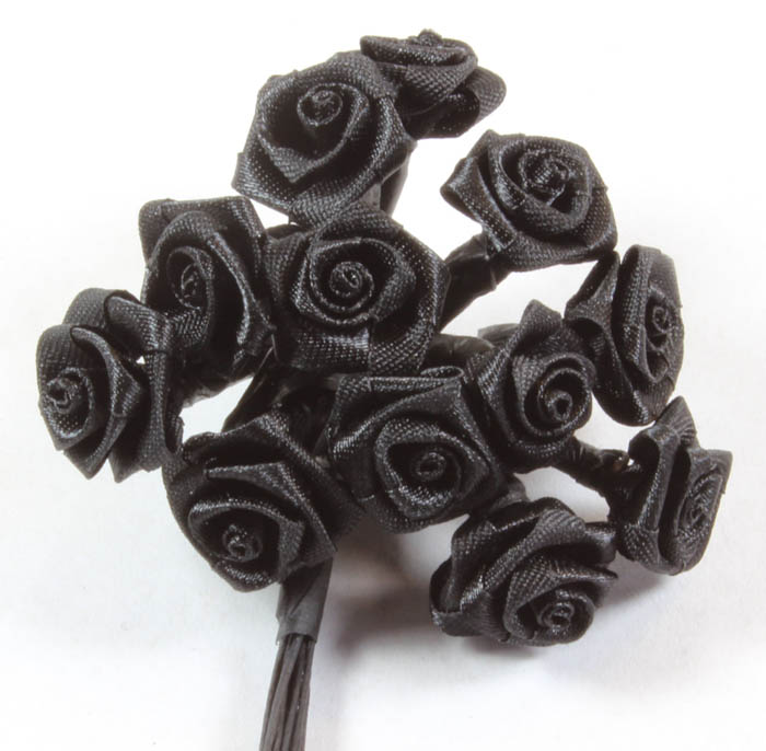 12 Satin Ribbon Roses Black on Black Stems